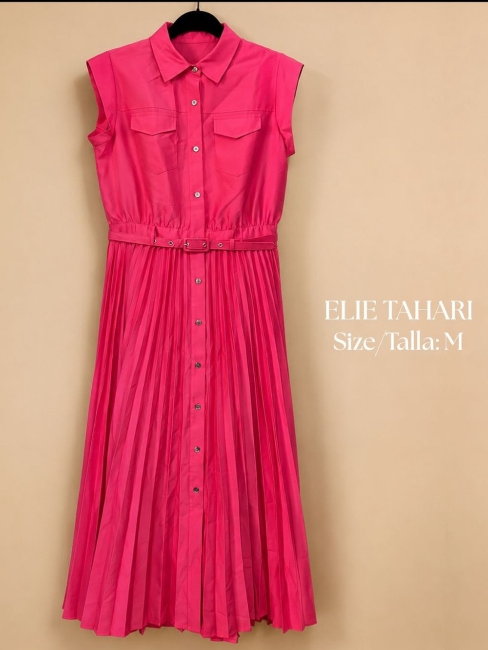 Pink Elie Tahari Natalya Pleated Midi Shirt Dress, Med